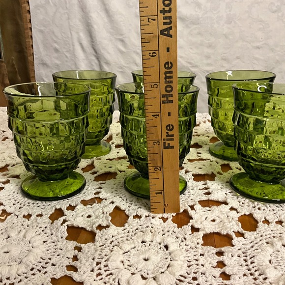 6 Vintage Indiana Whitehall Cubist Avocado Green Glass Footed Tumblers Textured - Picture 5 of 7